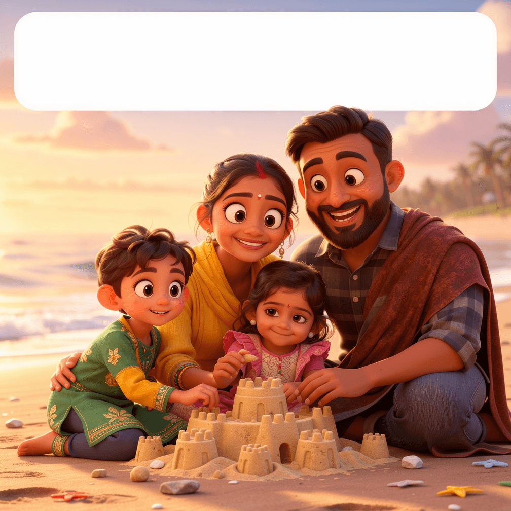 A family of four on a beach-holiday storybook cover