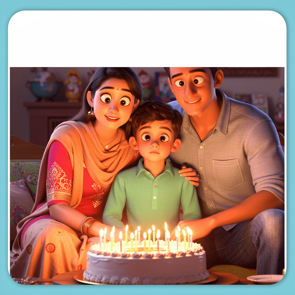A family on a birthday storybook cover