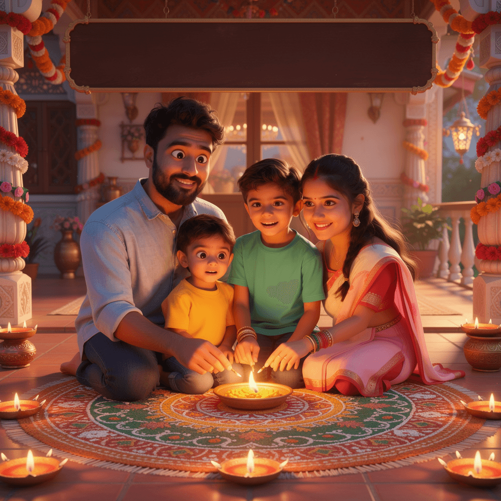 A family of four on a Diwali storybook cover