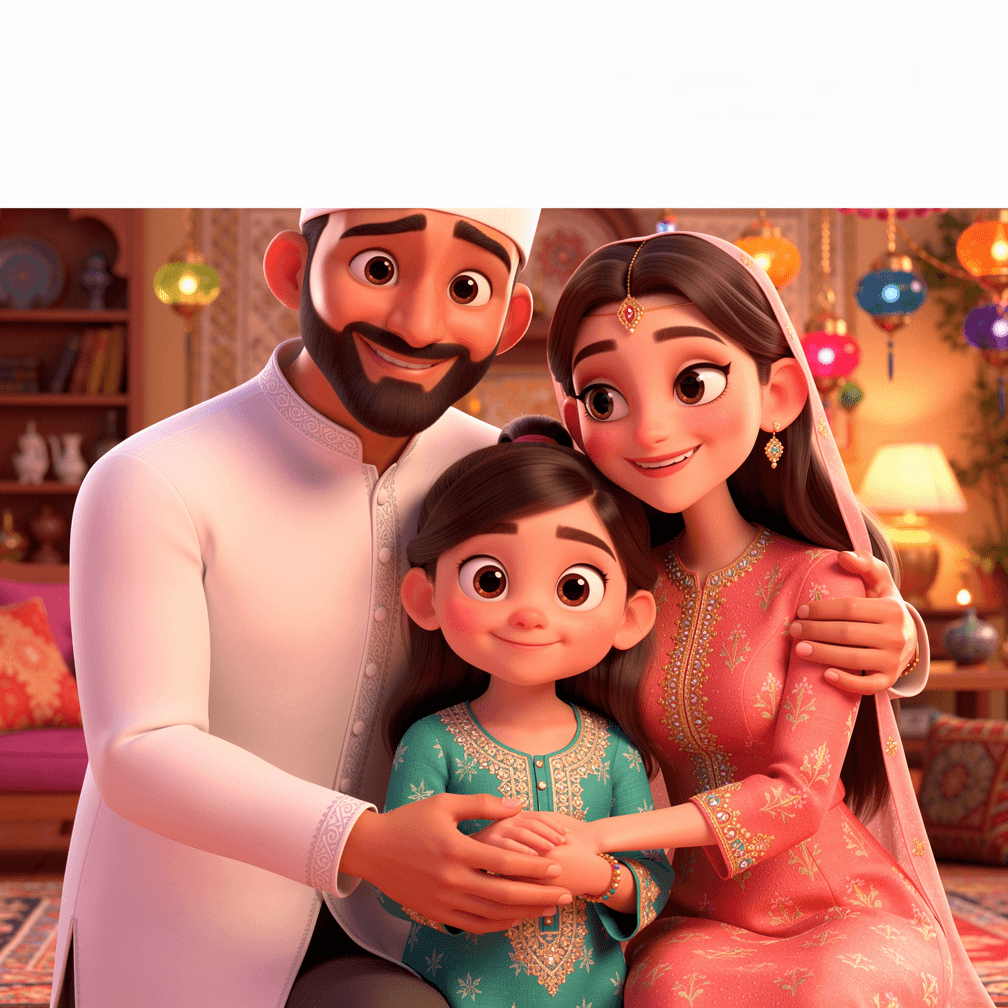 A family of three on an Eid storybook cover