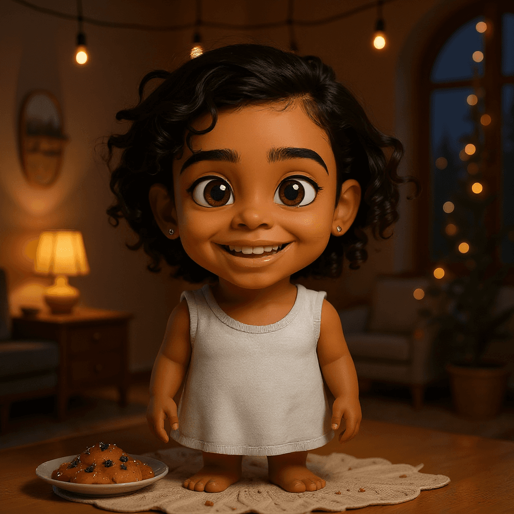 The same girl as a 3D storybook character on Eid morning